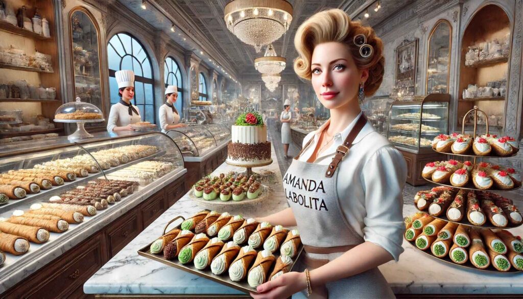 Amanda Labollita in a bustling bakery with premium cannolis