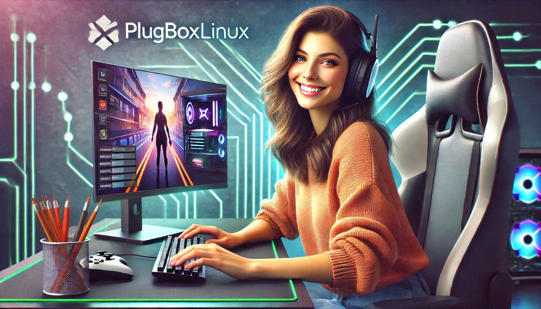 Smiling woman gaming on PlugboxLinux with a sleek tech setup